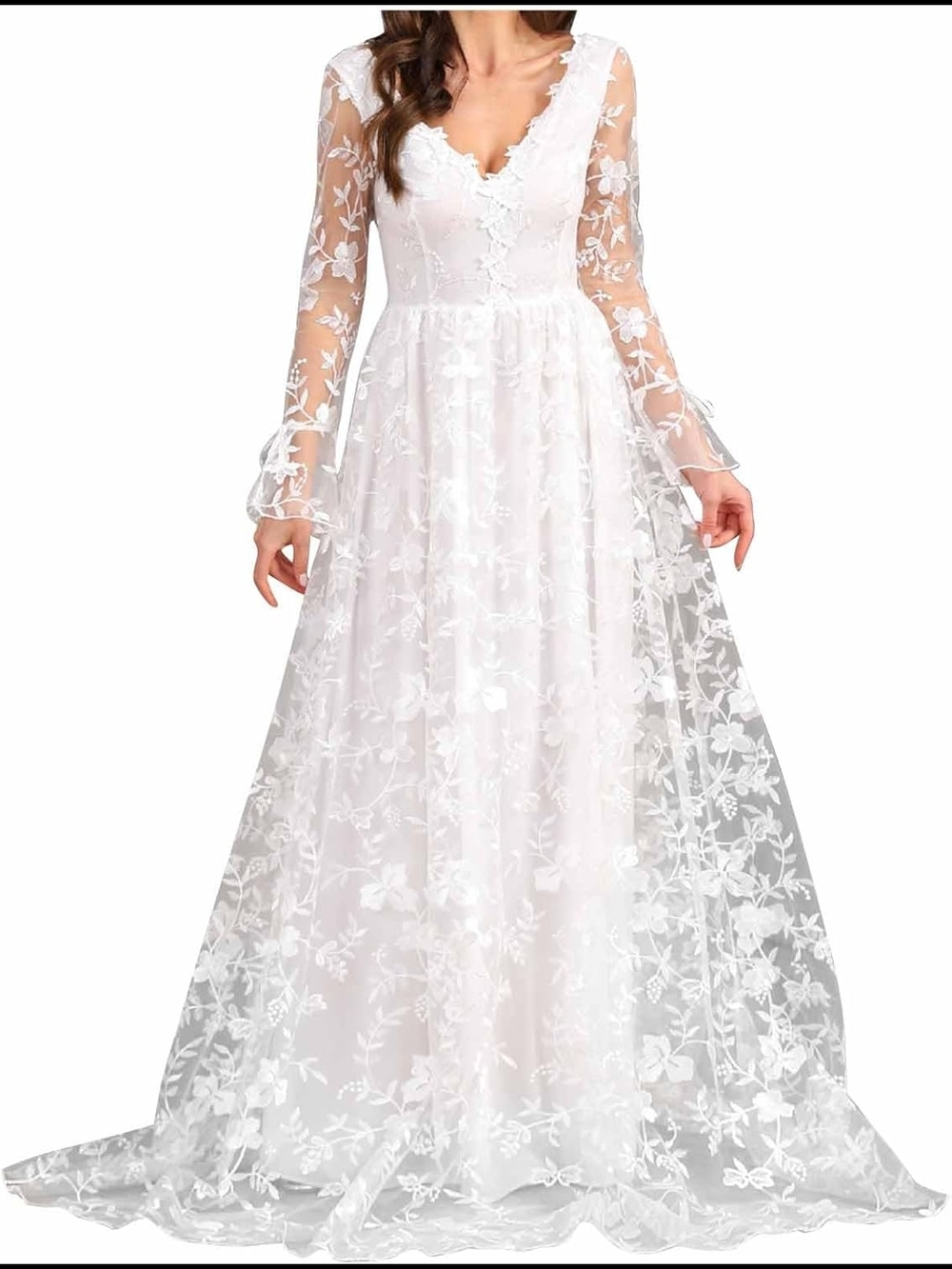 Elegant White Floral Lace Maxi Dress with Sheer Long Sleeves